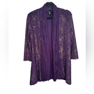 Frank Lyman Purple Gold Open Front 3/4 Sleeve Textured Sweater Blouse Size 10